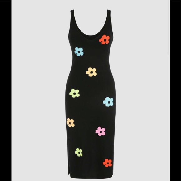 Black knit floral print dress, size small. Slit hem on both sides. - Picture 1 of 5